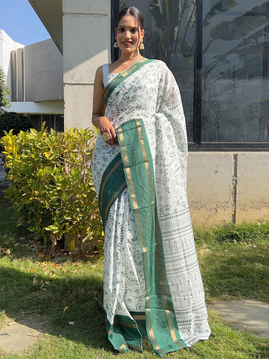 

KALINI White Dola Silk Ethnic Printed Ready to Wear Saree