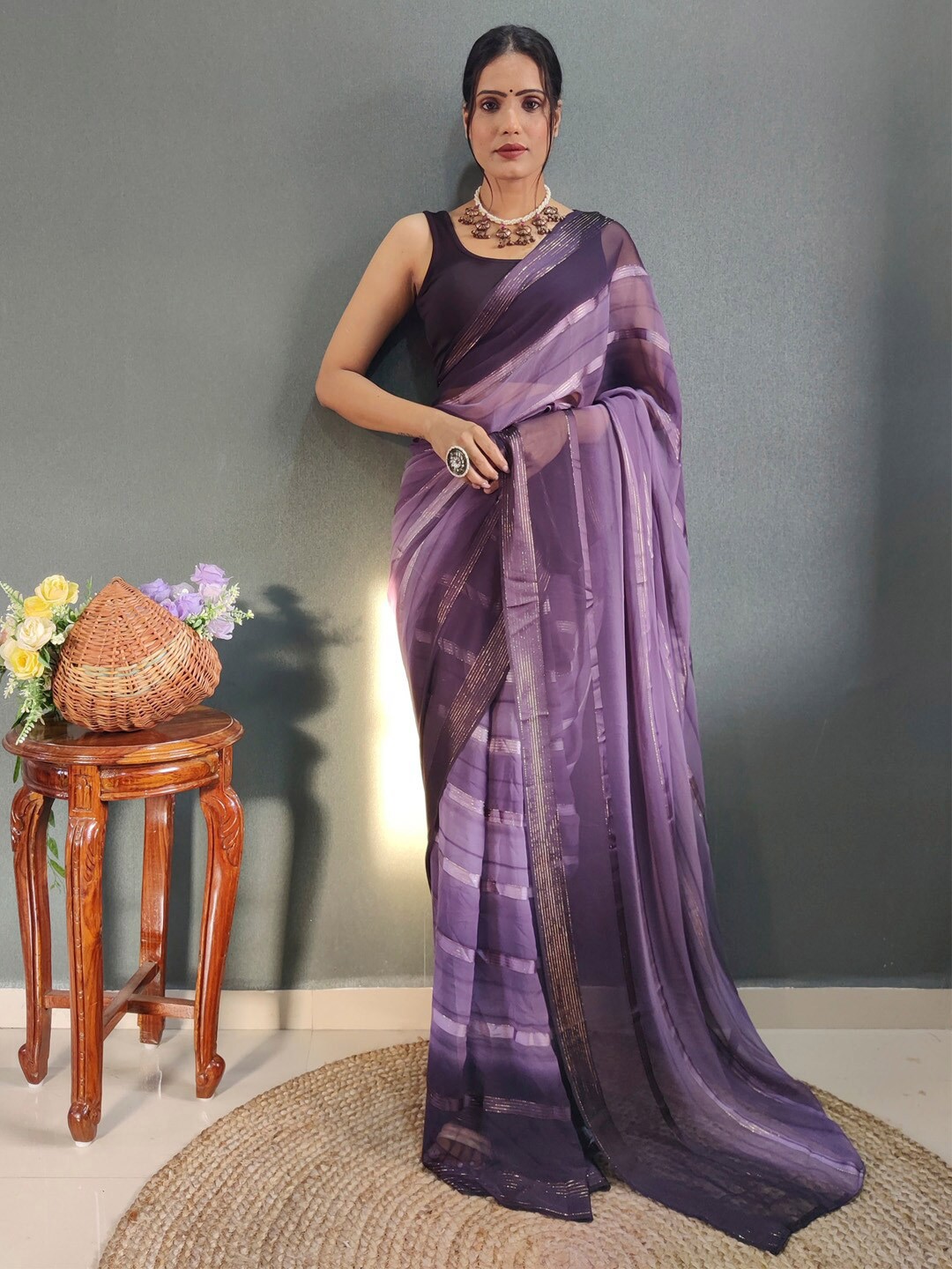 

KALINI Mauve Georgette Ethnic Printed Ready to Wear Saree, Lavender