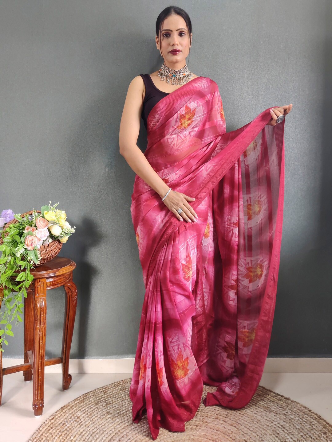 

KALINI Pink Georgette Ethnic Printed Ready to Wear Saree