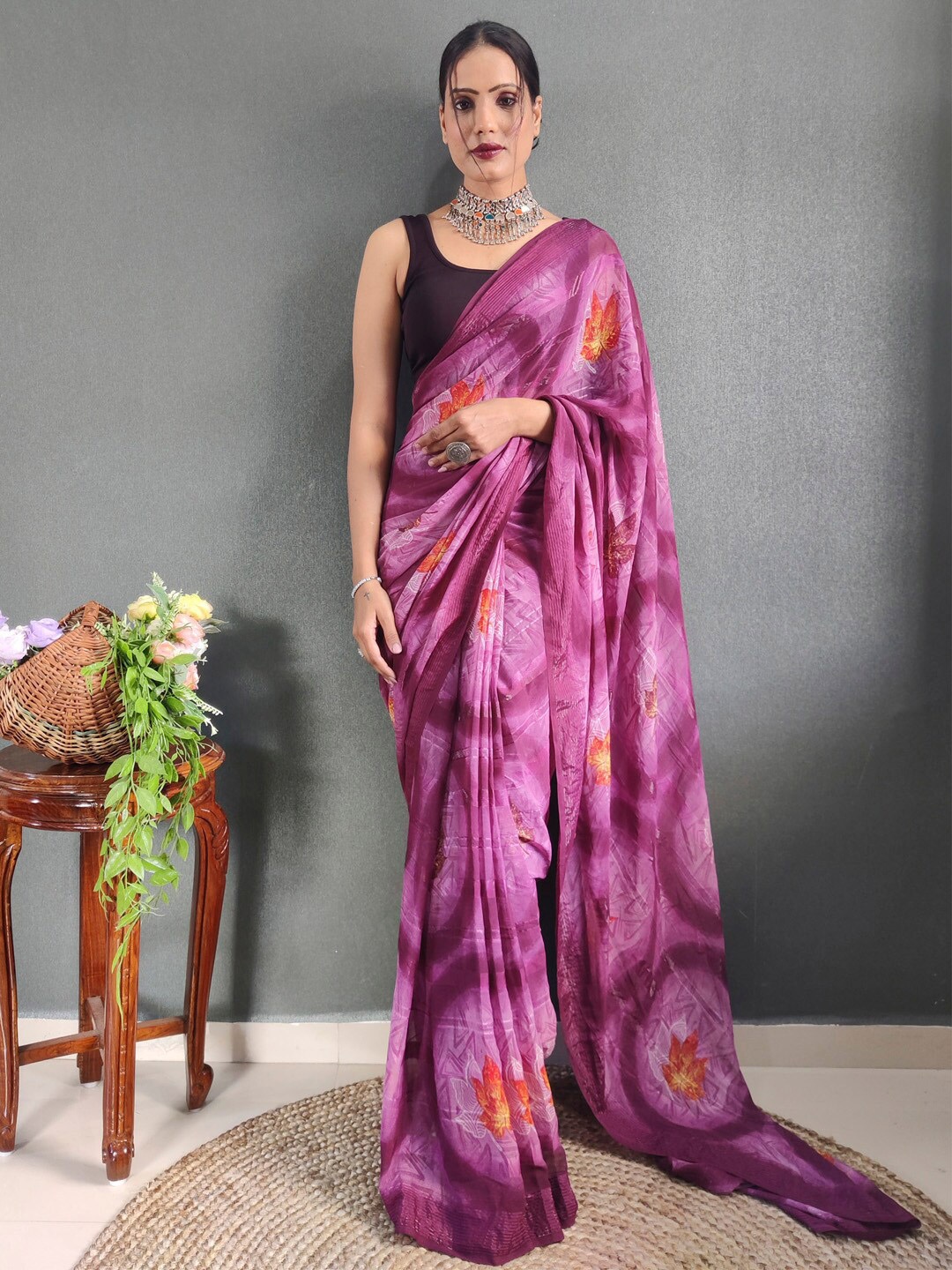 

KALINI Pink Georgette Ethnic Printed Ready to Wear Saree