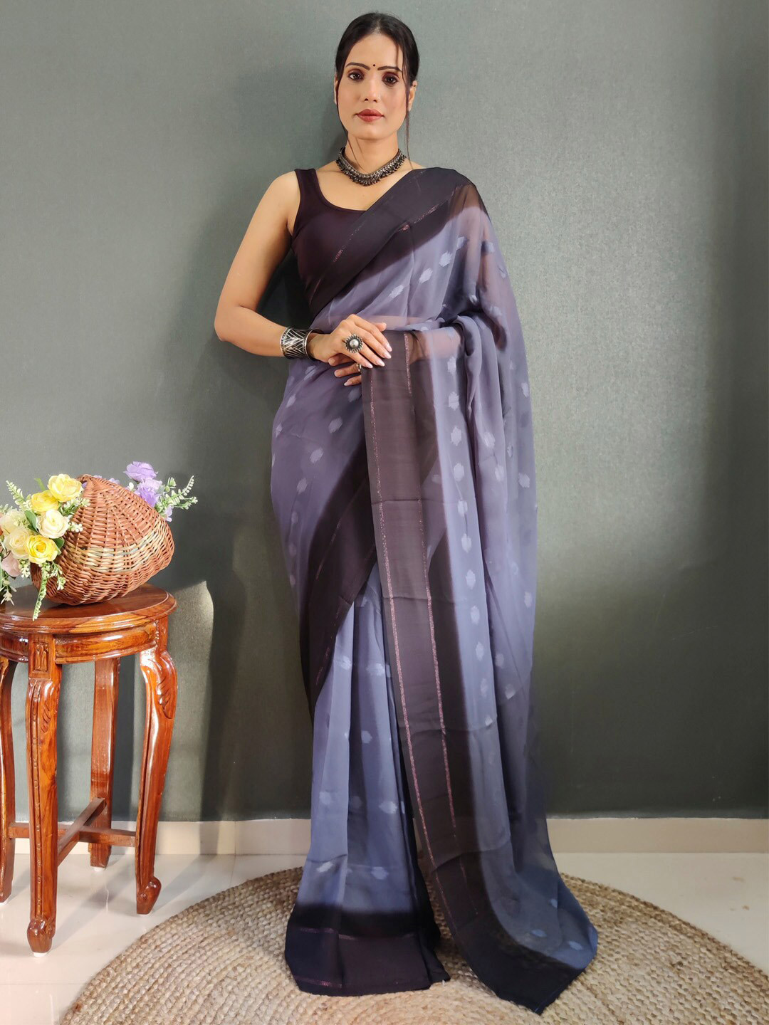 

KALINI Lavendar Georgette Ethnic Printed Ready to Wear Saree, Lavender