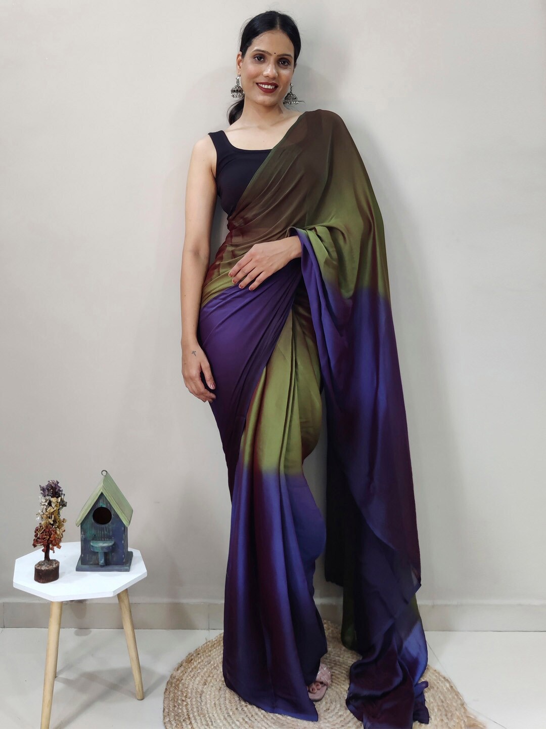 

KALINI Olive Nylon Ethnic Printed Ready to Wear Saree