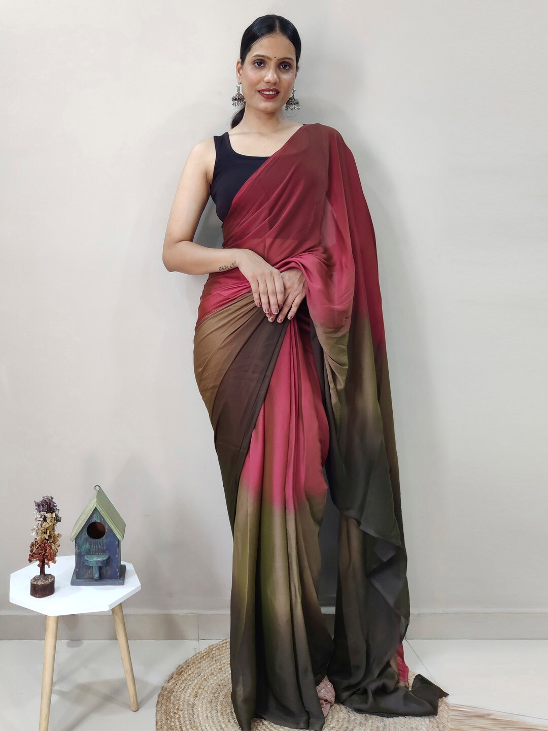 

KALINI Red Nylon Ethnic Printed Ready to Wear Saree