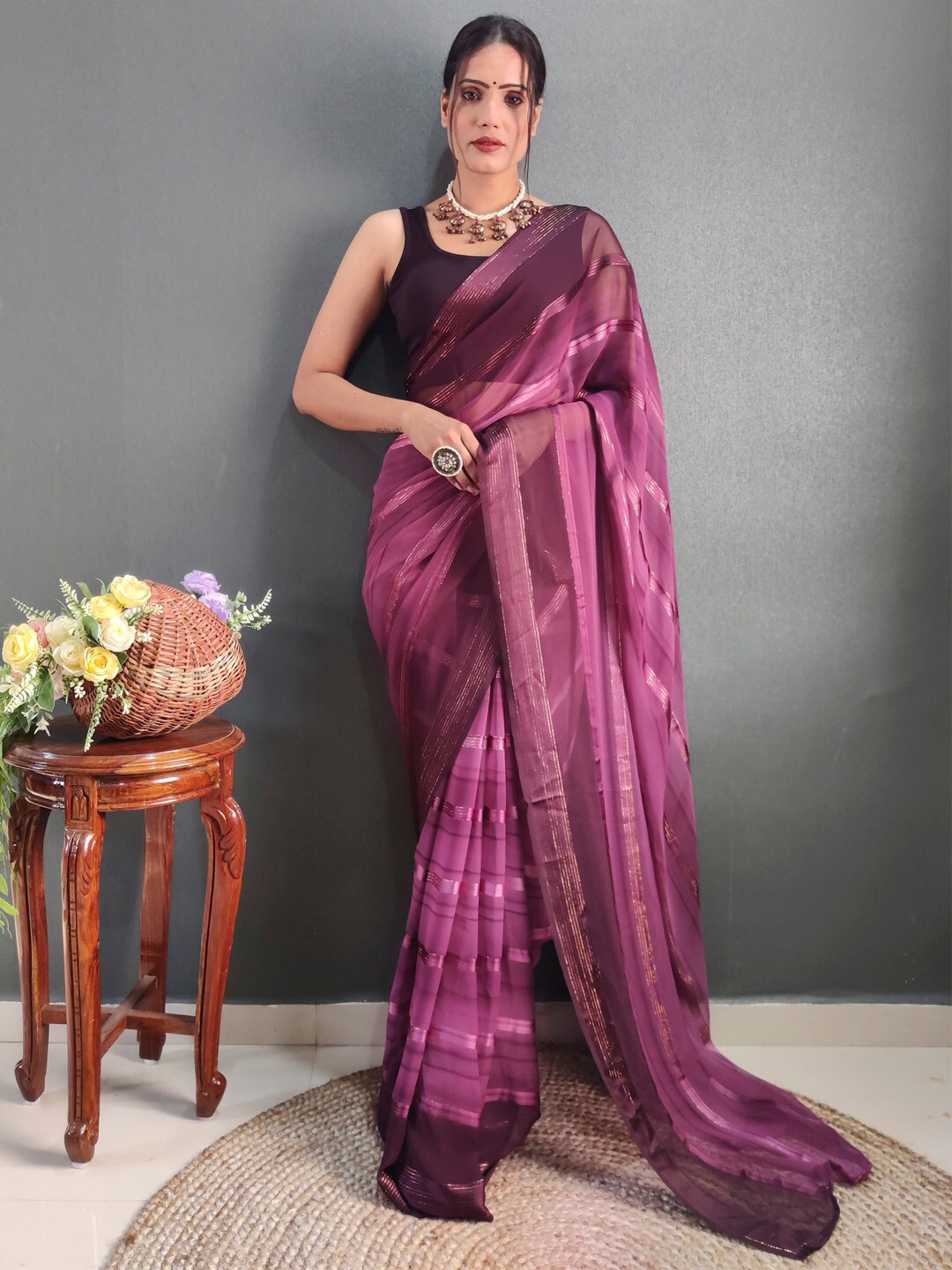 

KALINI Pink Georgette Ethnic Printed Ready to Wear Saree