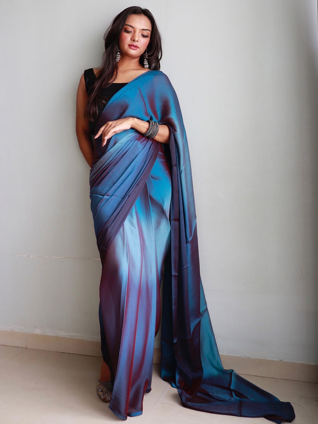 

KALINI Teal blue Nylon Ethnic Printed Ready to Wear Saree