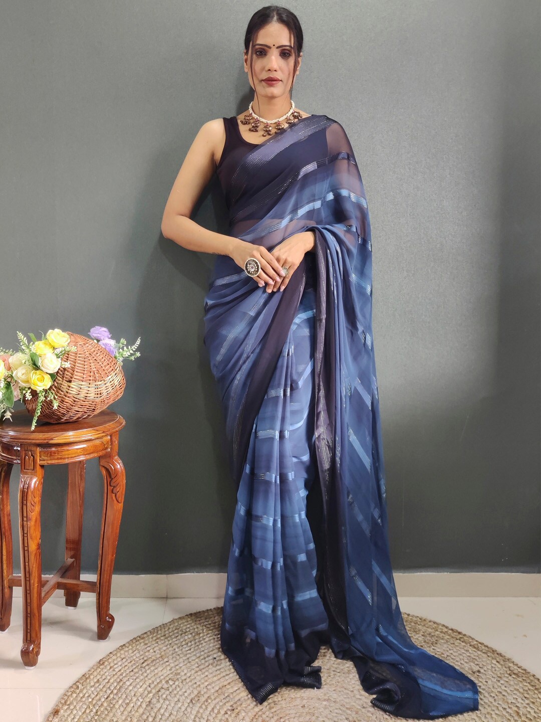 

KALINI Blue Georgette Ethnic Printed Ready to Wear Saree
