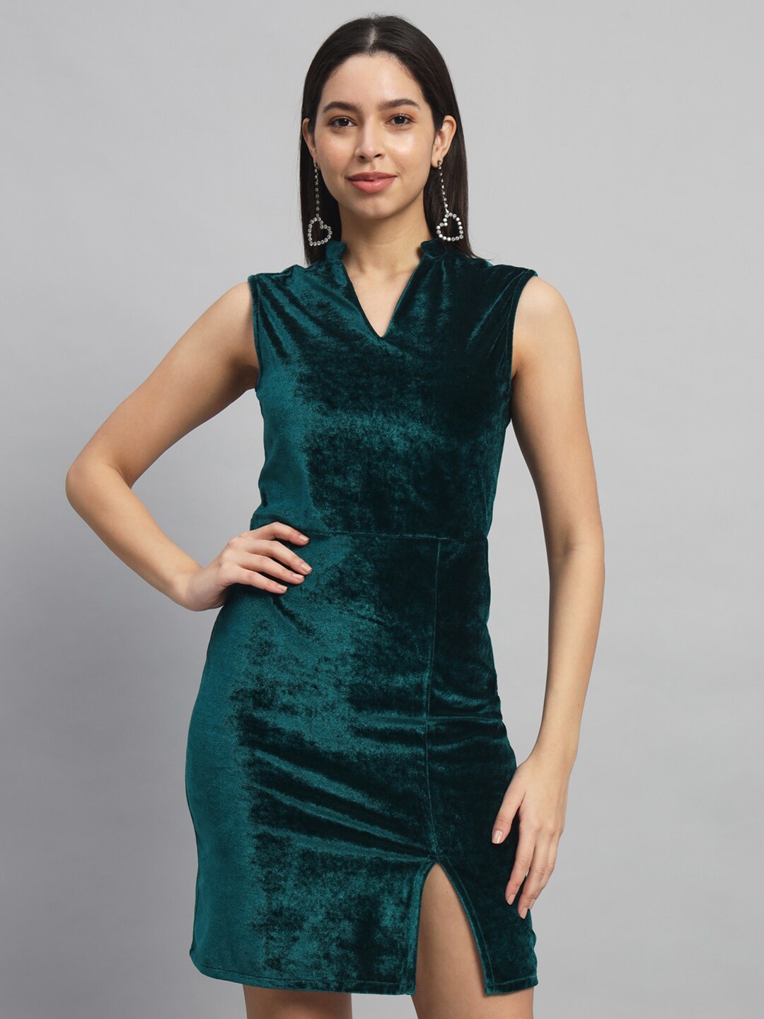 

VAARARO Mandarin Collar Velvet Sheath Dress, Green