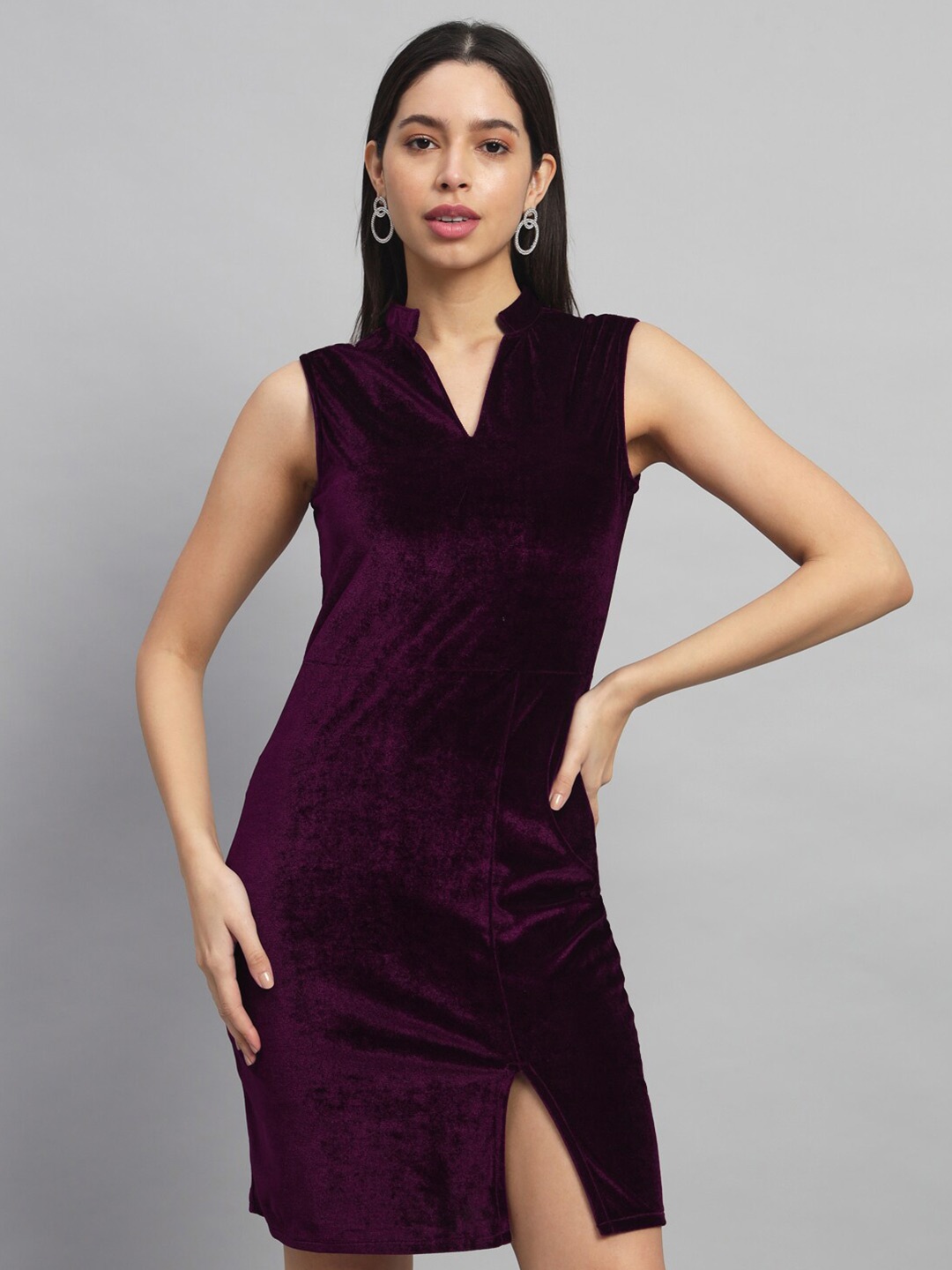 

VAARARO Mandarin Collar Velvet Sheath Dress, Burgundy