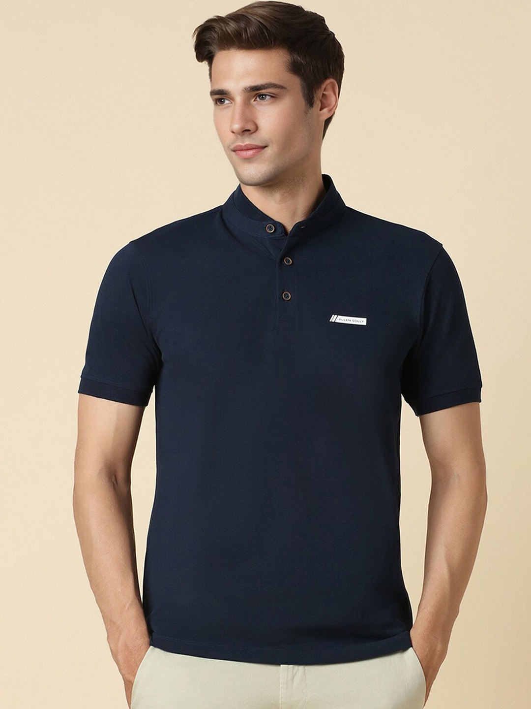 

Allen Solly Mandarin Collar Regular Fit Cotton Casual T-shirt, Navy blue