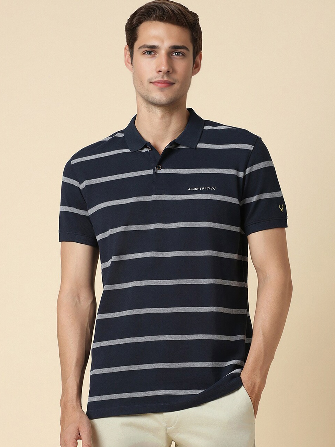 

Allen Solly Striped Polo Collar Regular Fit Cotton Casual T-shirt, Navy blue