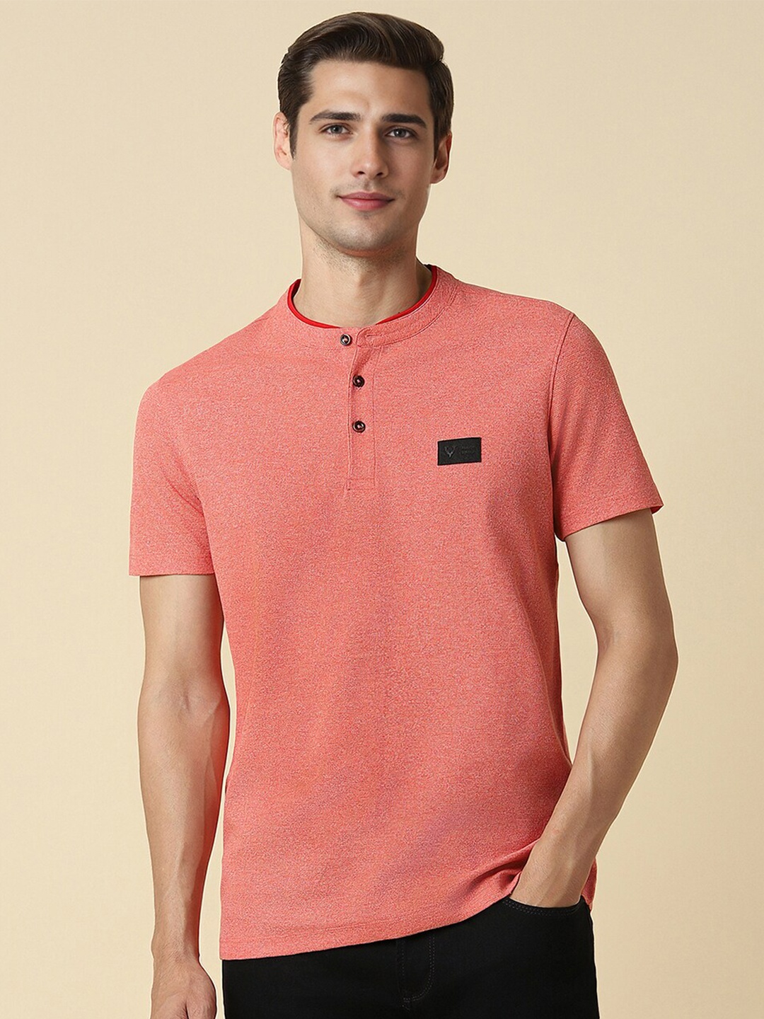 

Allen Solly Mandarin Collar Short Sleeves Cotton T-shirt, Peach