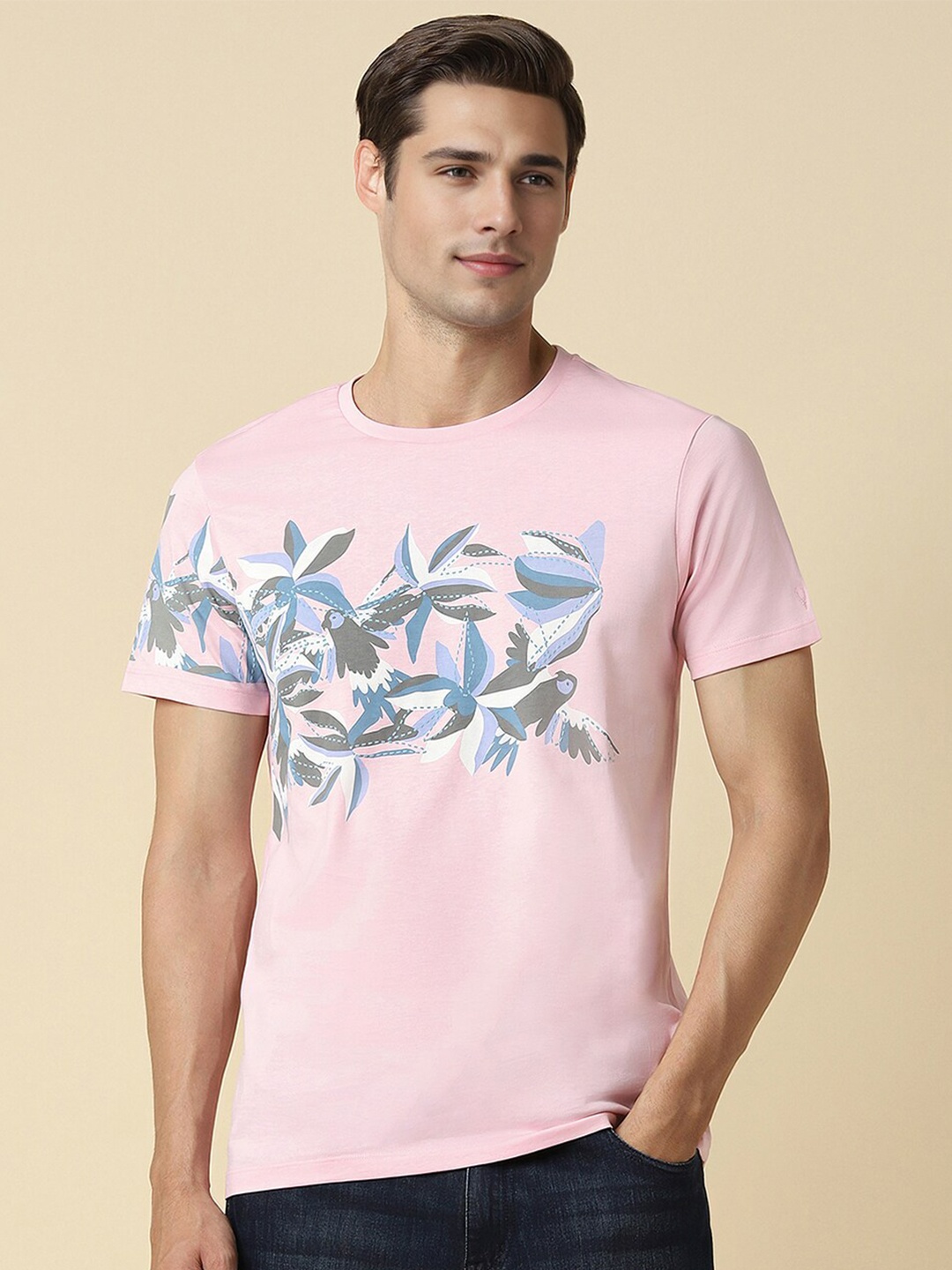 

Allen Solly Floral Printed Round Neck Short Sleeves Cotton T-shirt, Pink