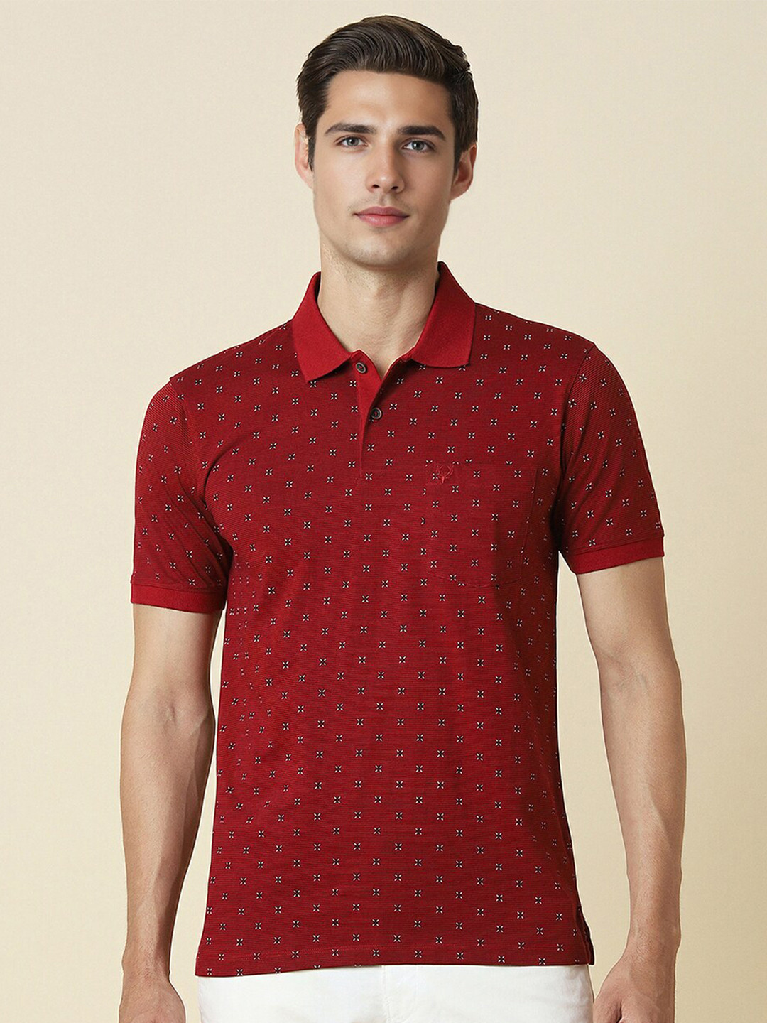 

Allen Solly Geometric Printed Cotton Polo Collar Knitted T-shirt, Red