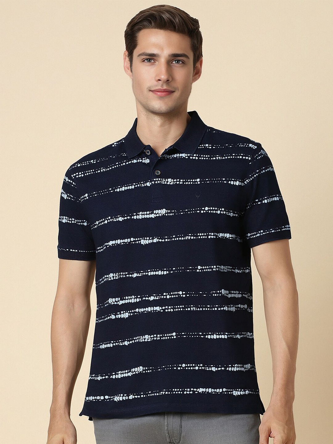 

Allen Solly Striped Cotton Polo Collar Knitted T-shirt, Navy blue