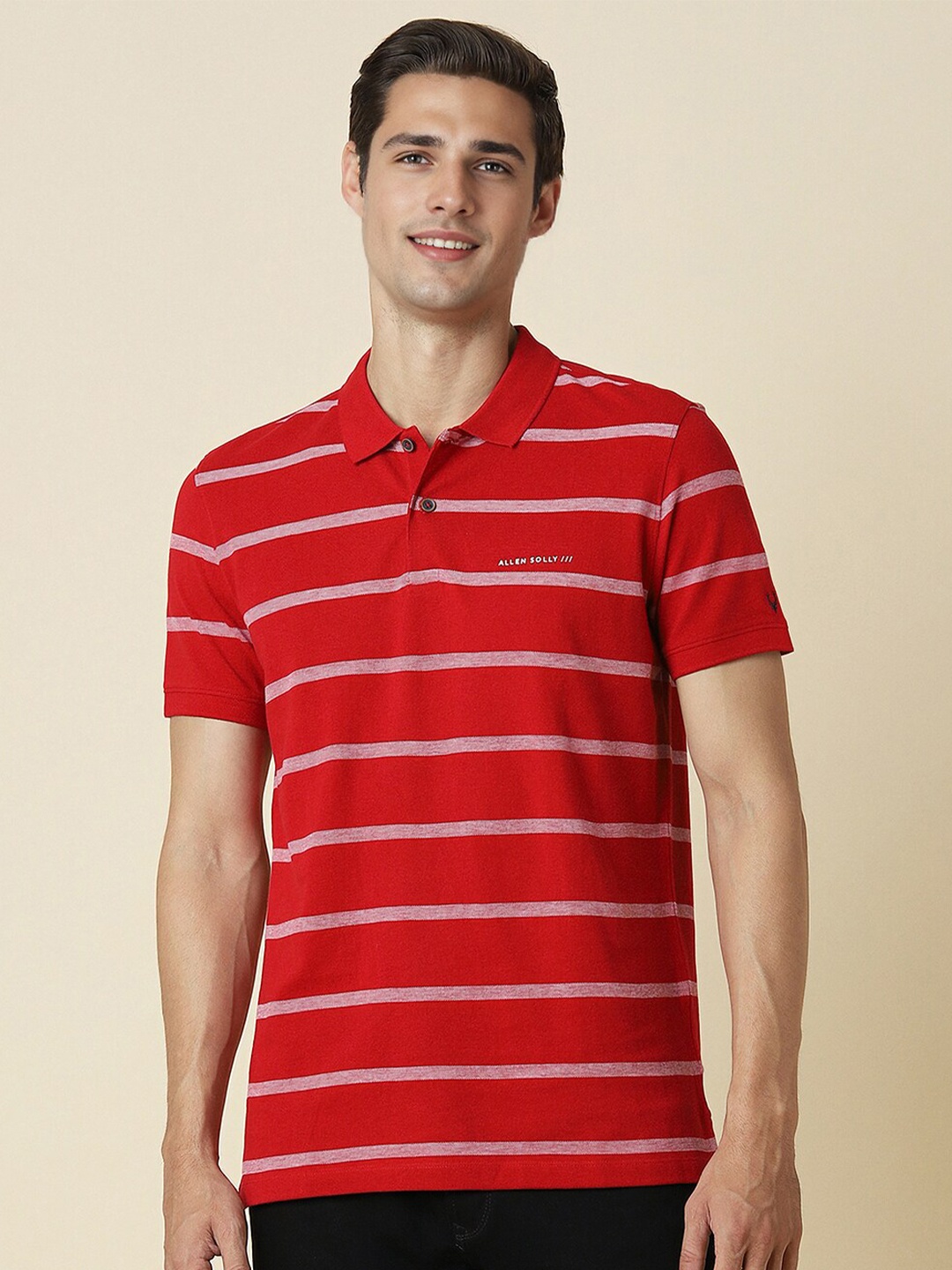 

Allen Solly Striped Cotton Polo Collar Knitted T-shirt, Red