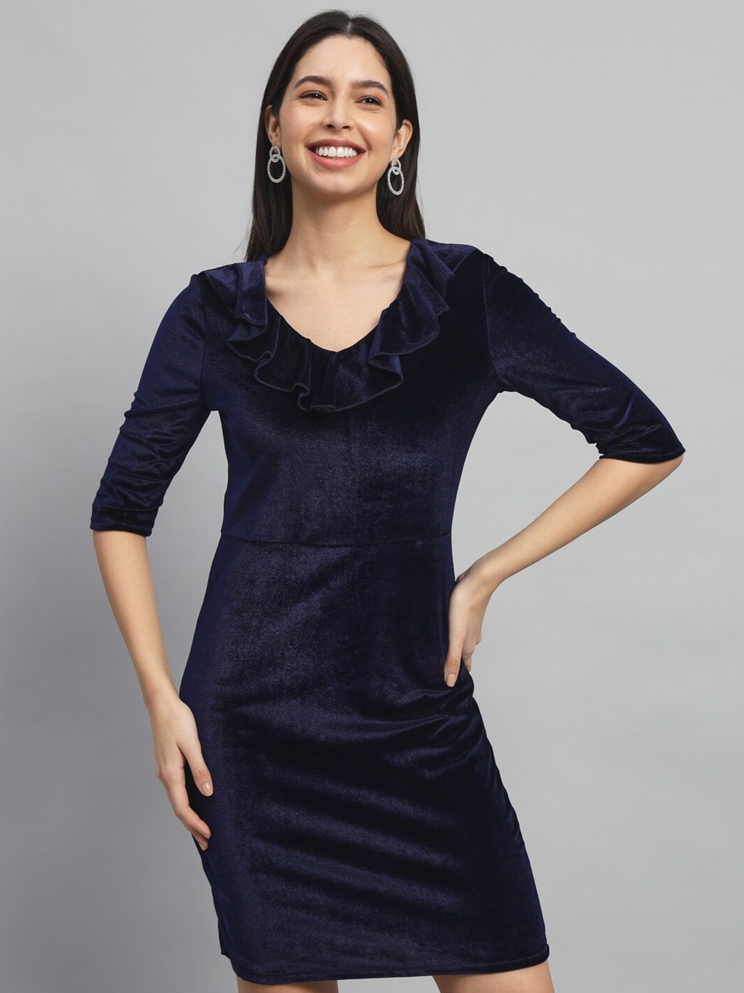 

VAARARO V-Neck Ruffles Detail Velvet Sheath Dress, Navy blue