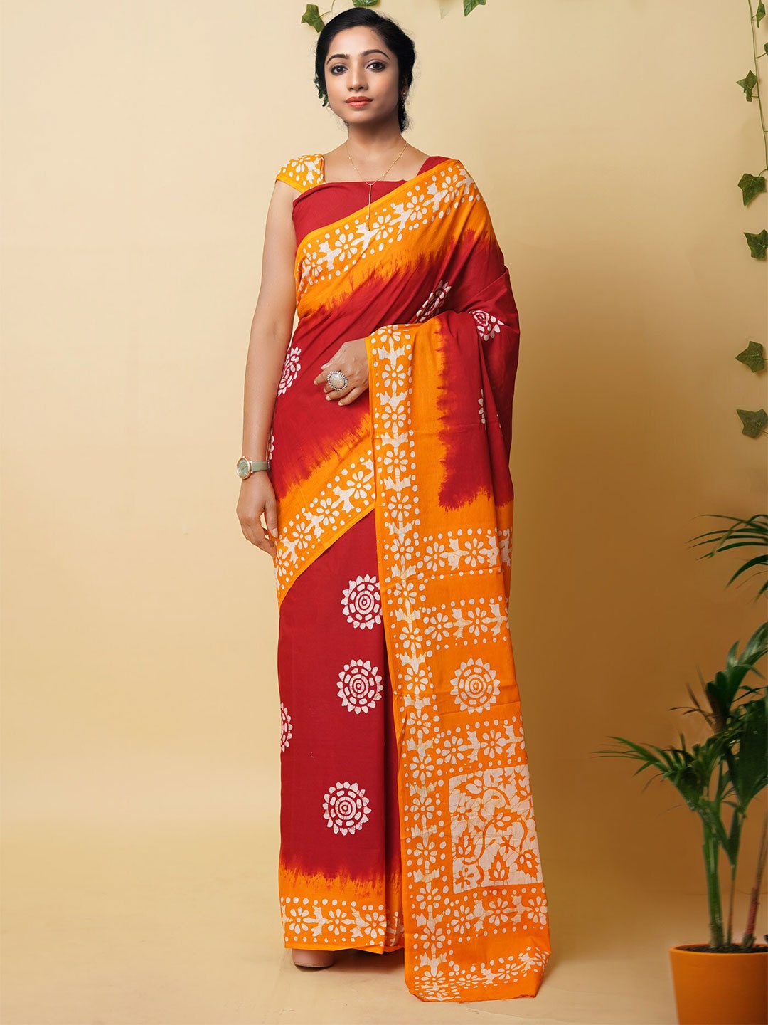 

Unnati Silks Batik Block Printed Pure Cotton Saree, Red