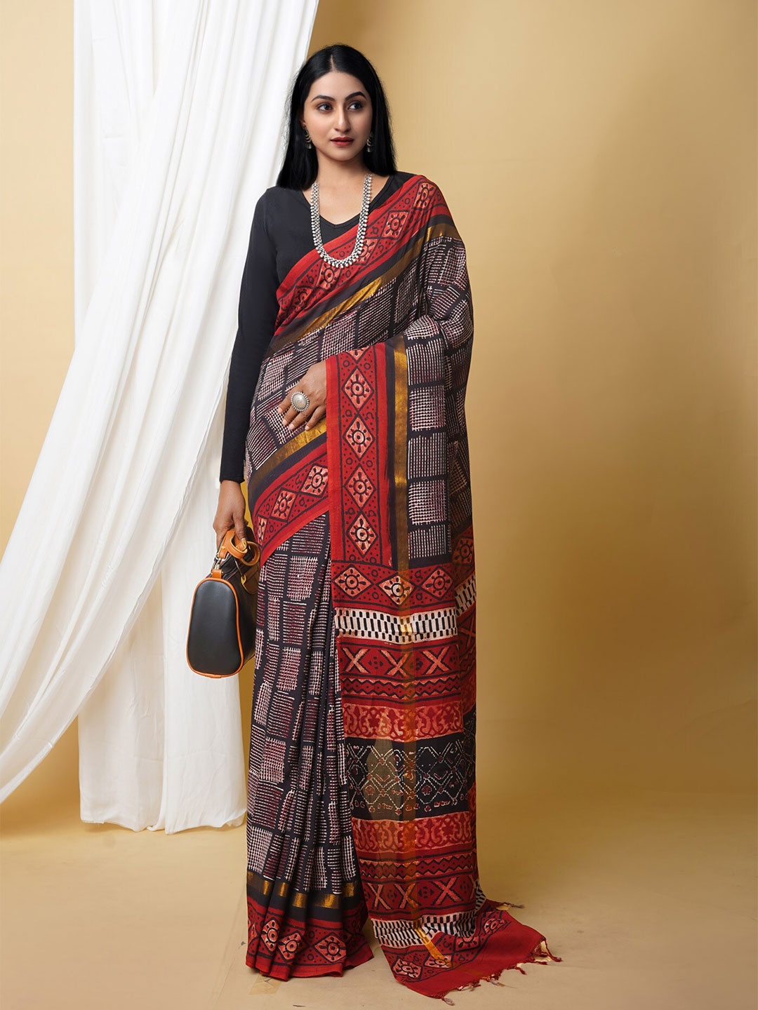 

Unnati Silks Ajrak Block Zari Printed Murshidabad silk Saree, Black