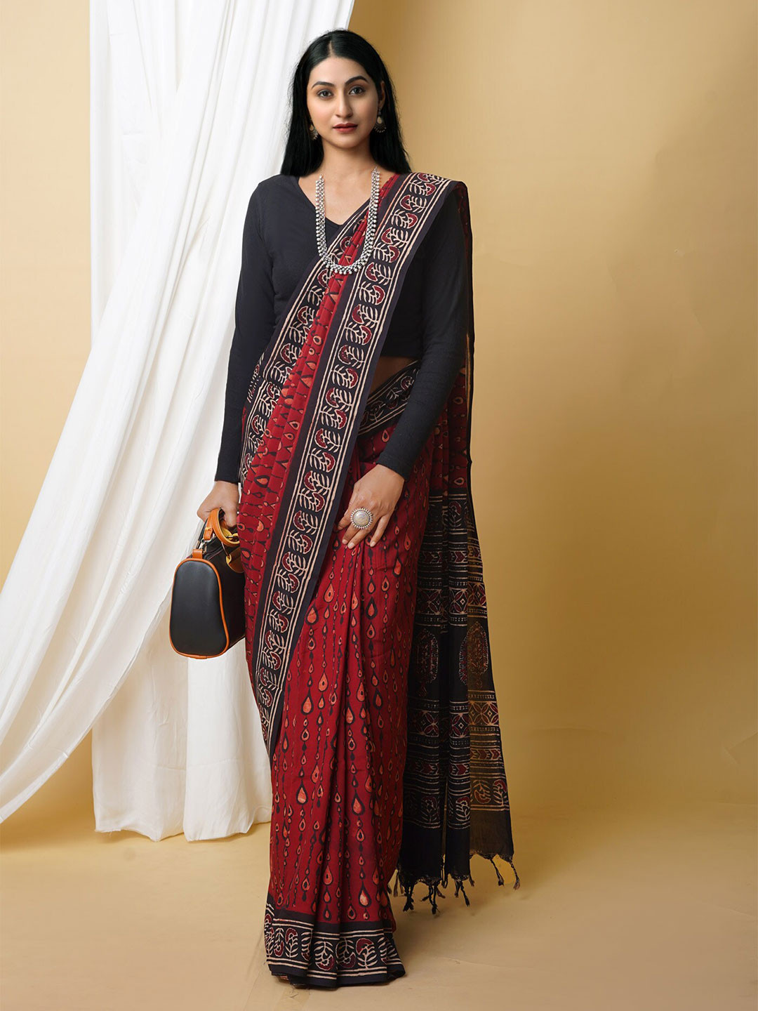 

Unnati Silks Ajrak Block Printed Murshidabad silk Saree, Red