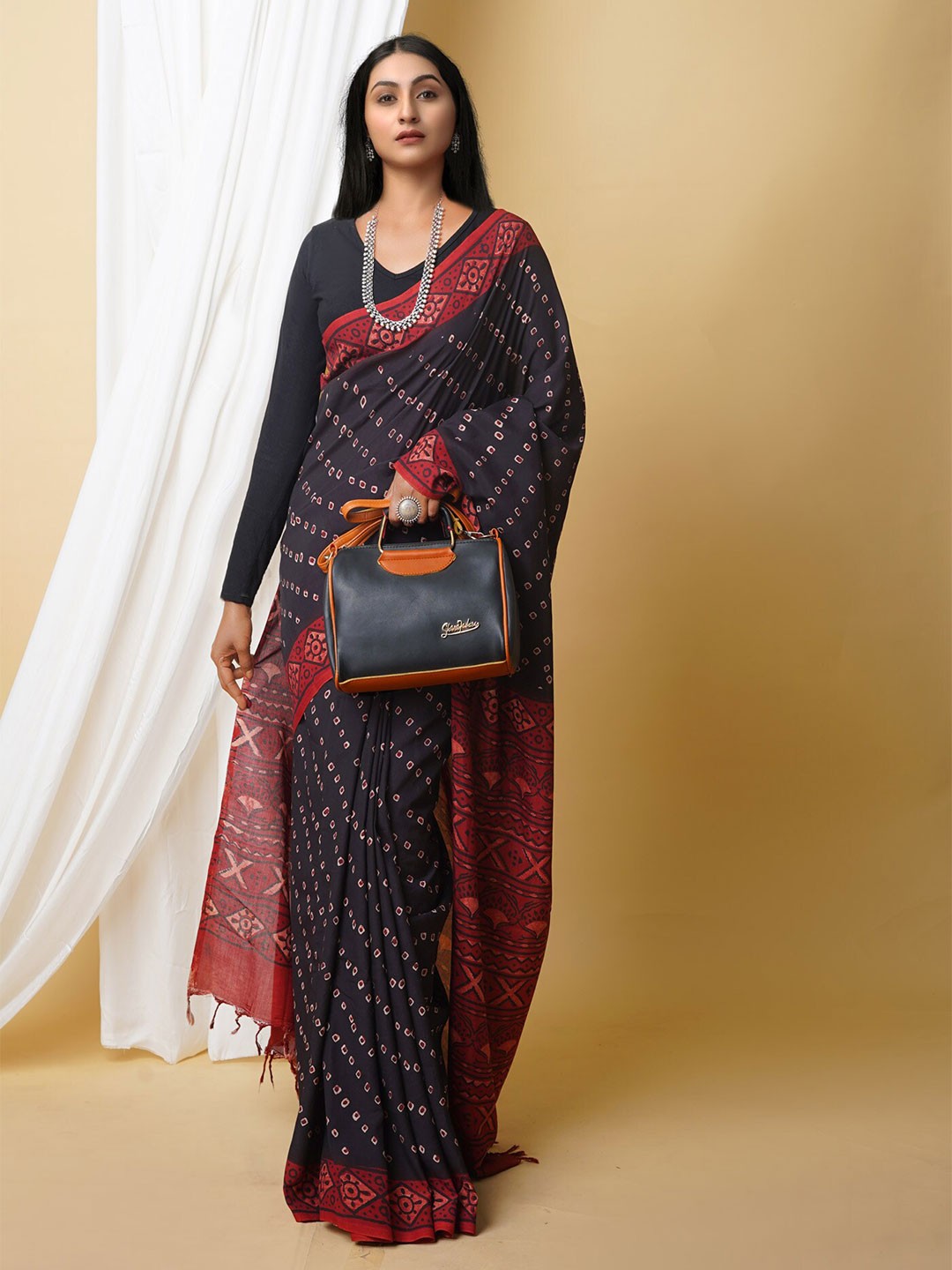 

Unnati Silks Ajrak Block Printed Murshidabad silk Saree, Black