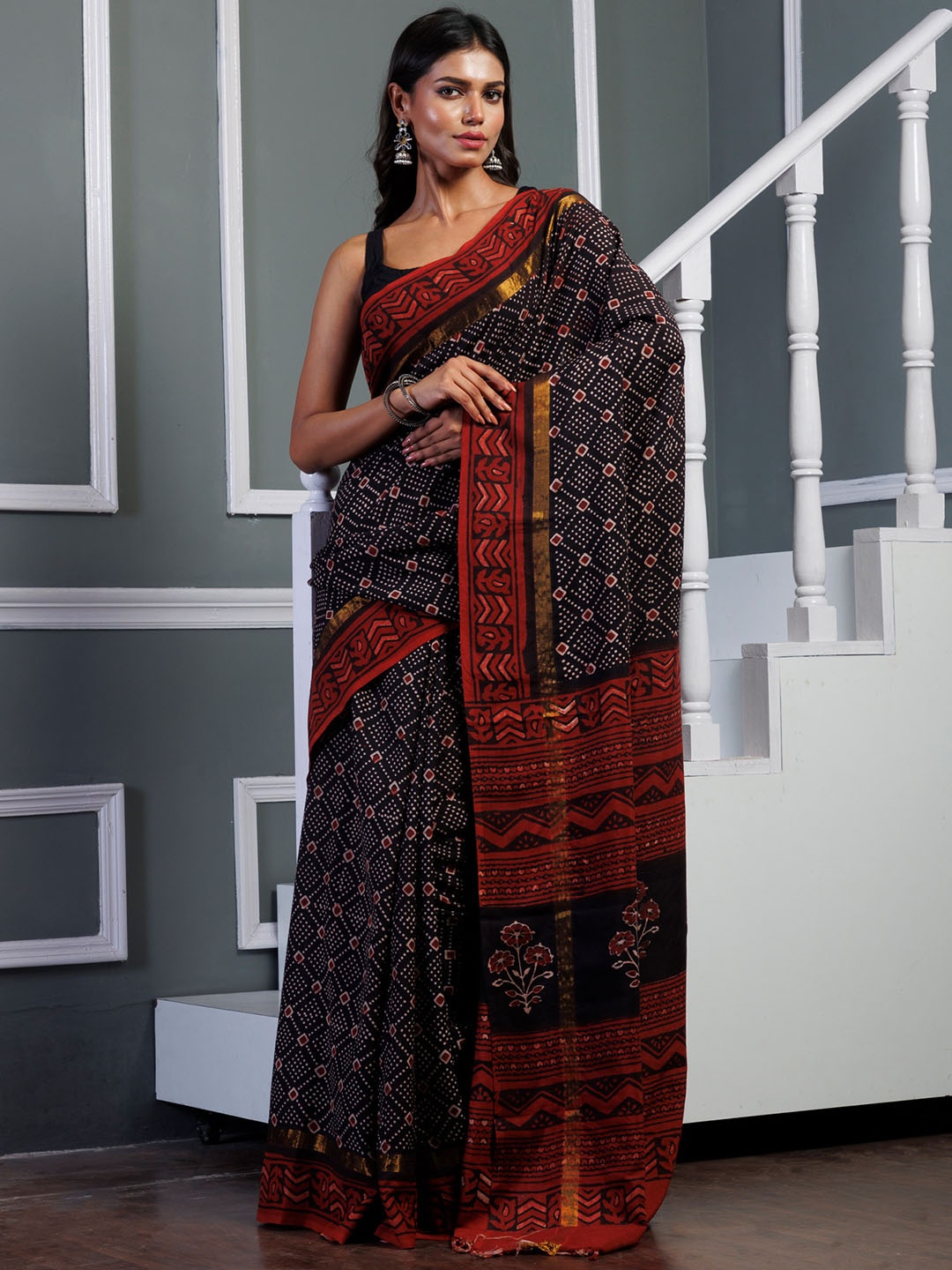 

Unnati Silks Ajrak Block Zari Printed Murshidabad silk Saree, Black