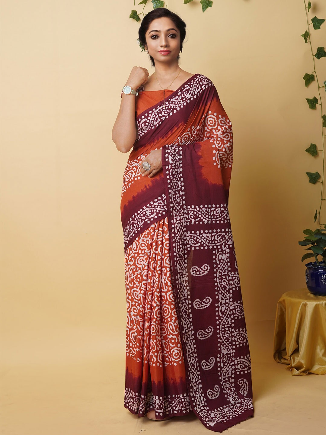 

Unnati Silks Batik Block Printed Pure Cotton Saree, Brown