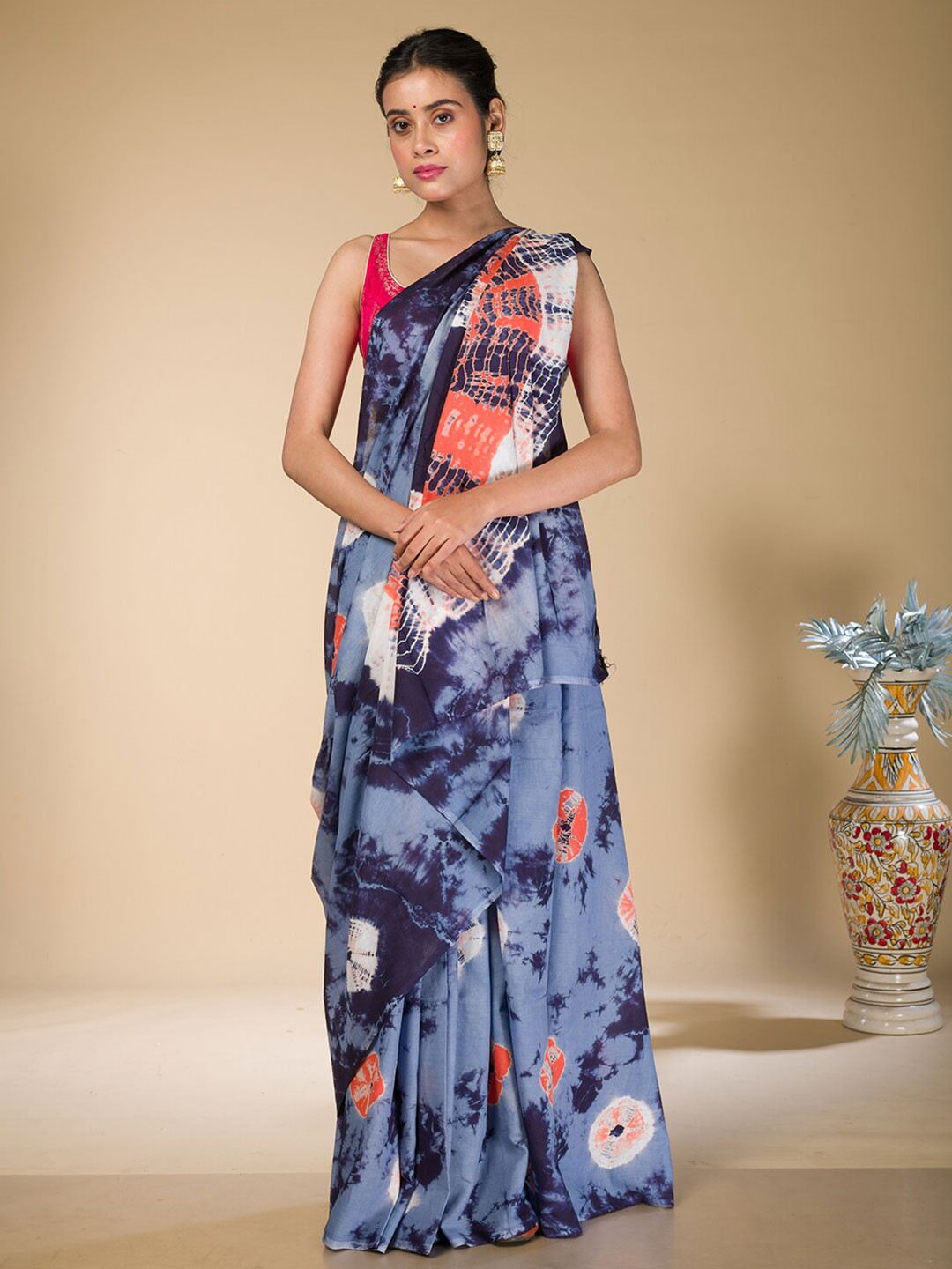 

HERE&NOW Tie and Dye Pure Cotton Bandhani Saree, Blue