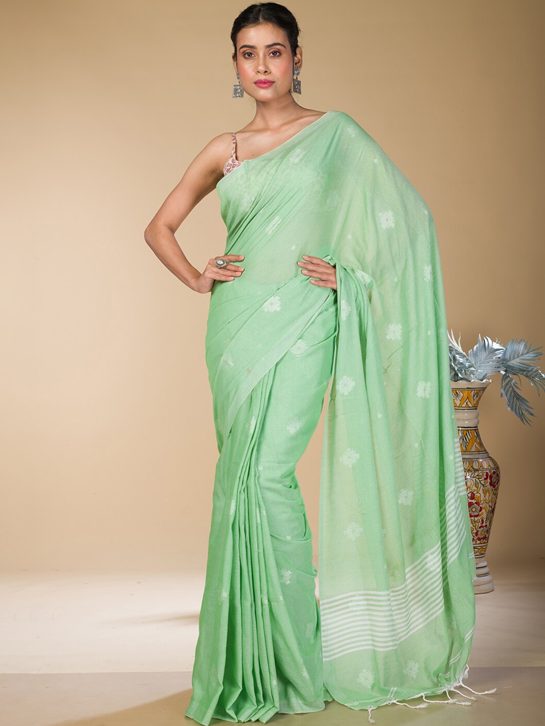 

HERE&NOW Ethnic Motifs Woven Design Khadi Saree, Fluorescent green