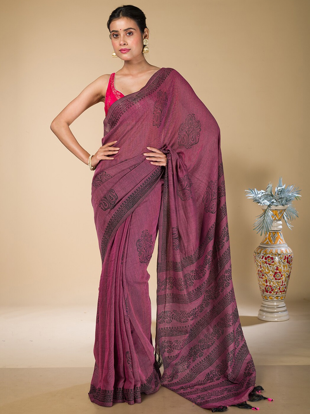 

HERE&NOW Ethnic Motifs Khadi Saree, Mauve