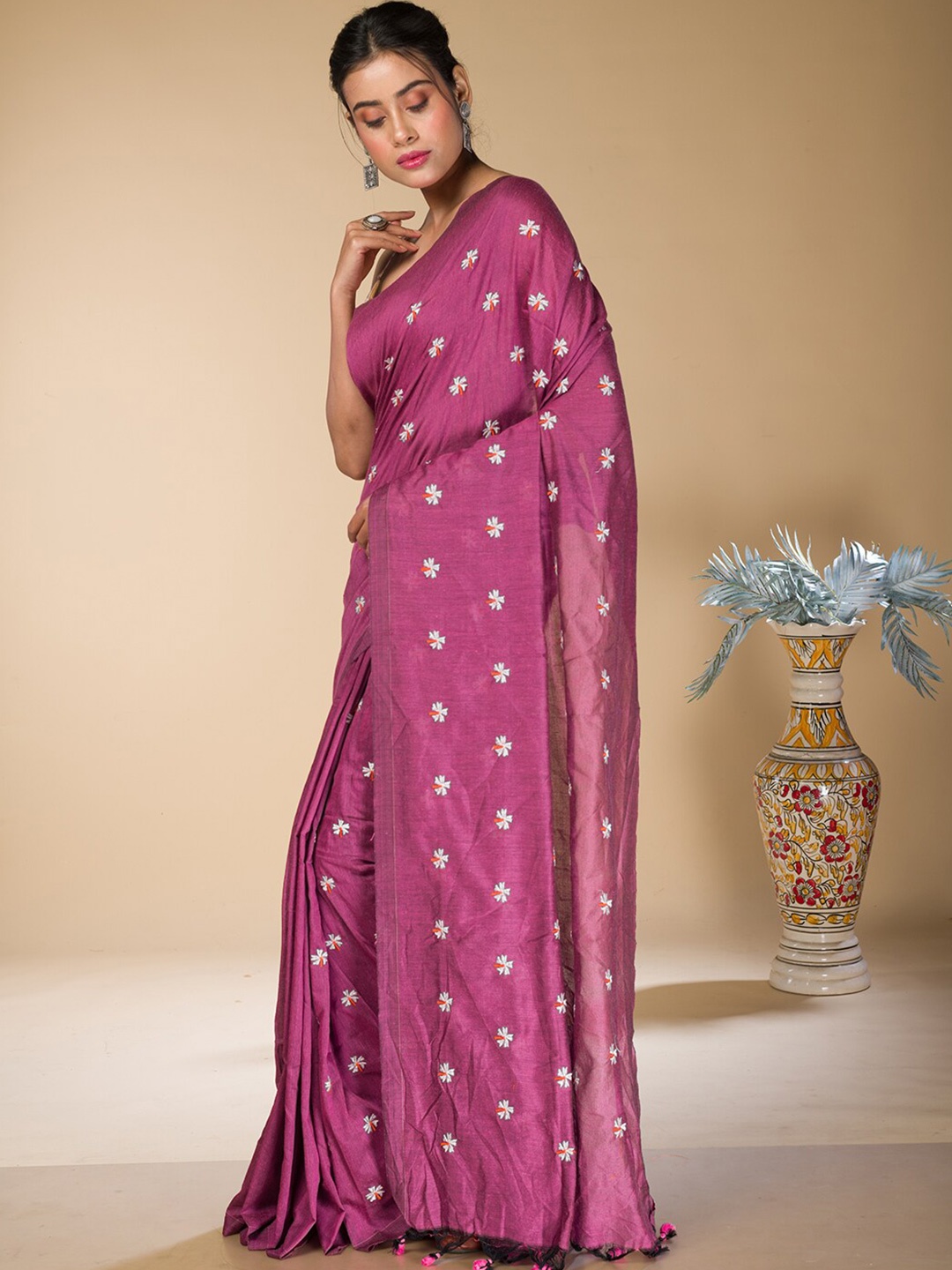 

HERE&NOW Floral Embroidered Khadi Saree, Mauve