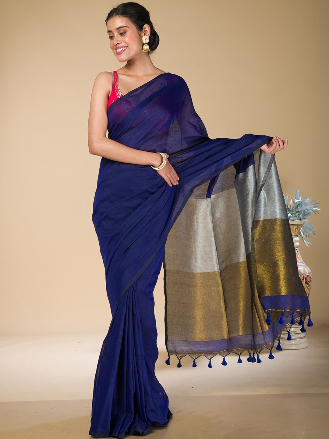 

HERE&NOW Khadi Saree, Navy blue