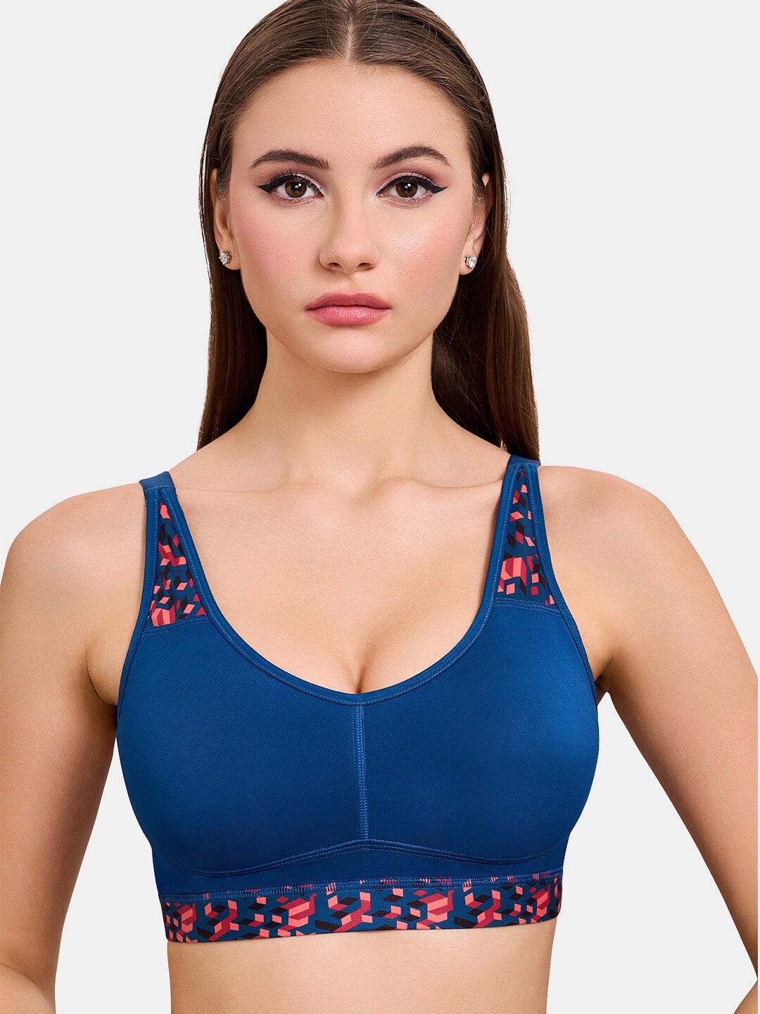 

MAROON Geometric Printed Full Coverage Lightly Padded Workout Bra All Day Comfort, Blue