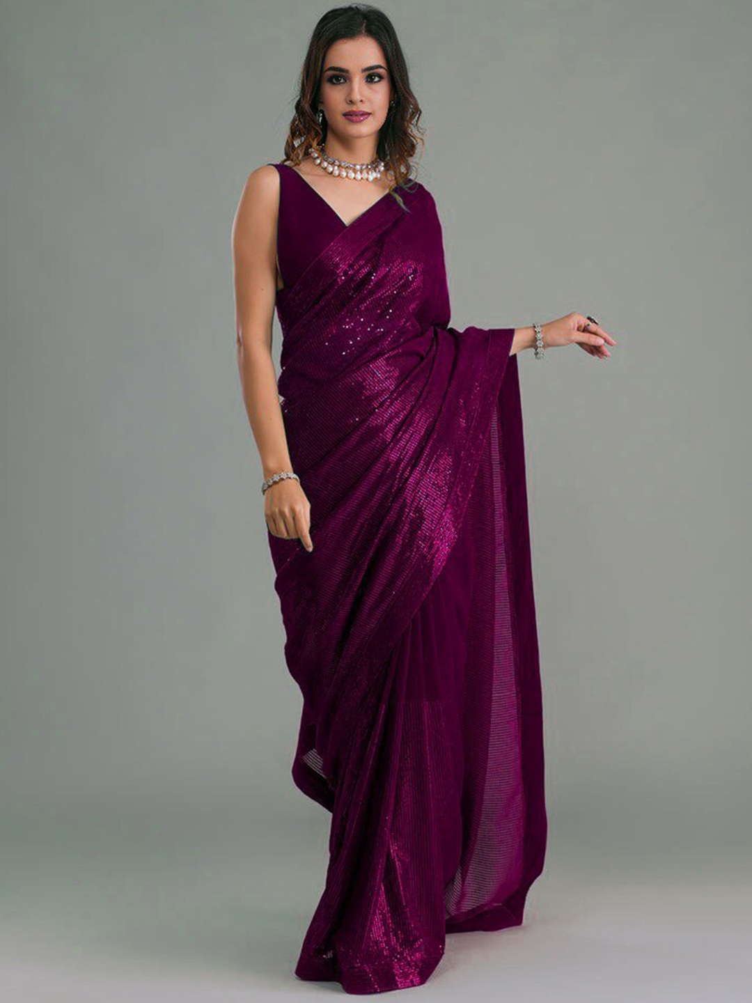 

ANJANI TEXTILE Embellished Sequinned Saree, Purple