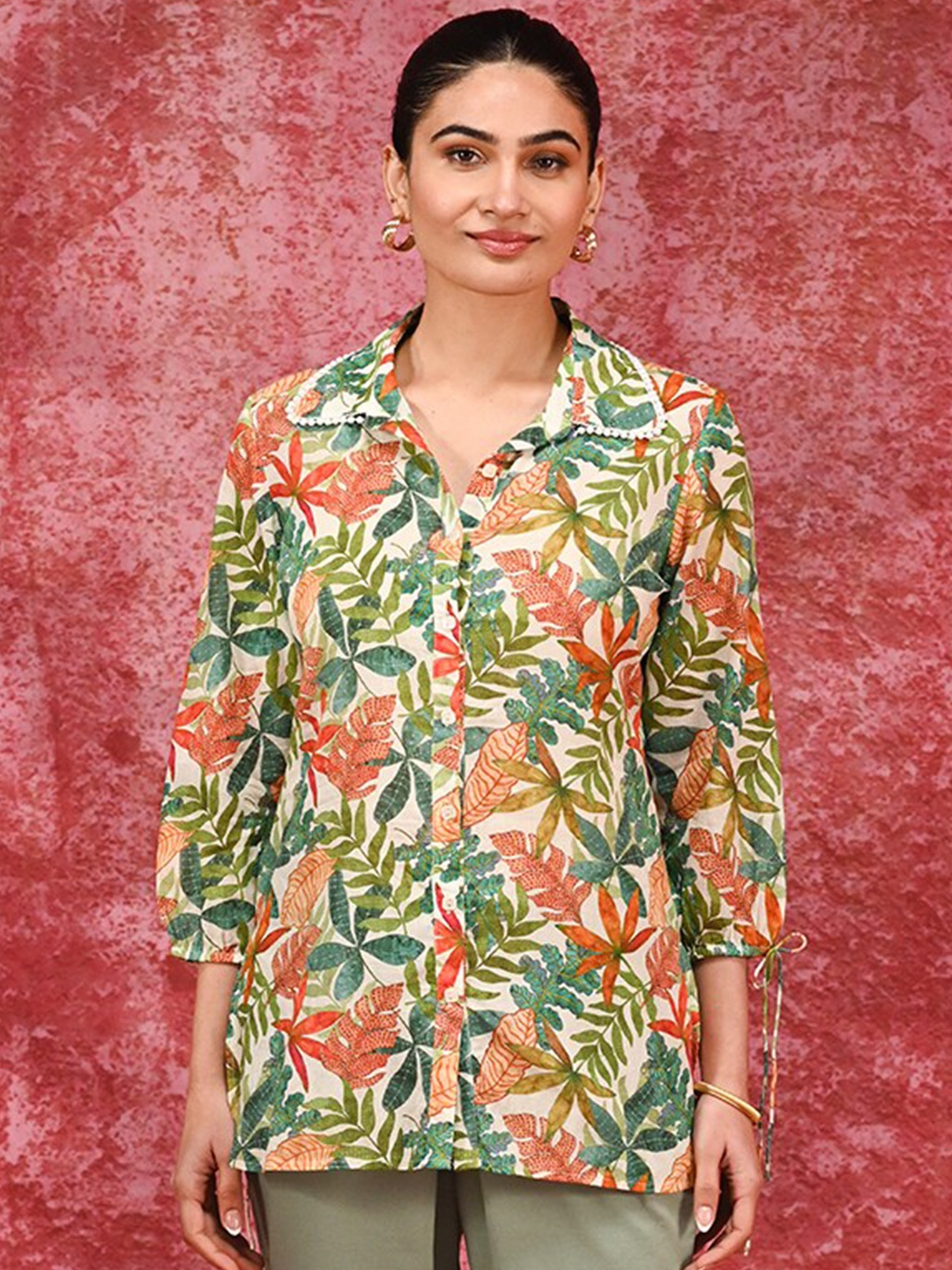 

Lakshita Premium Tailored Fit Floral Opaque Printed Cotton Casual Shirt, Green