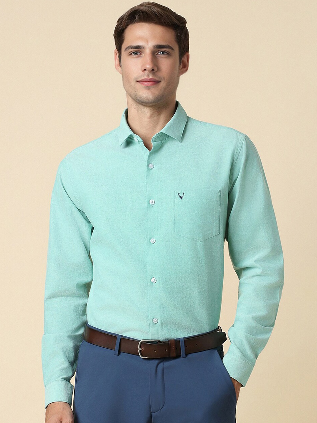 

Allen Solly Slim Fit Textured Spread Collar Long Sleeves Cotton Formal Shirt, Green