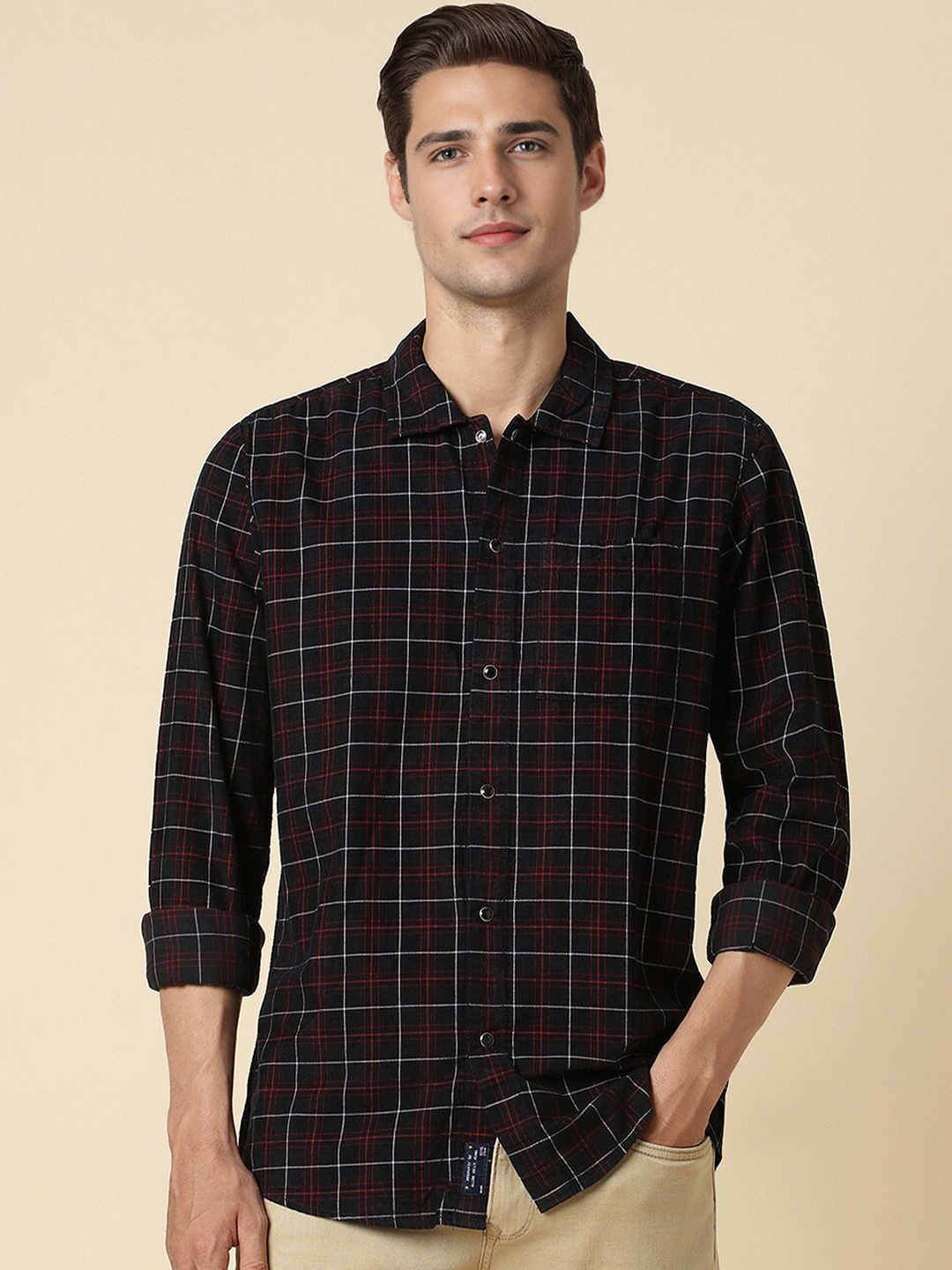 

Allen Solly Opaque Checked Spread Collar Custom Fit Casual Shirt, Black
