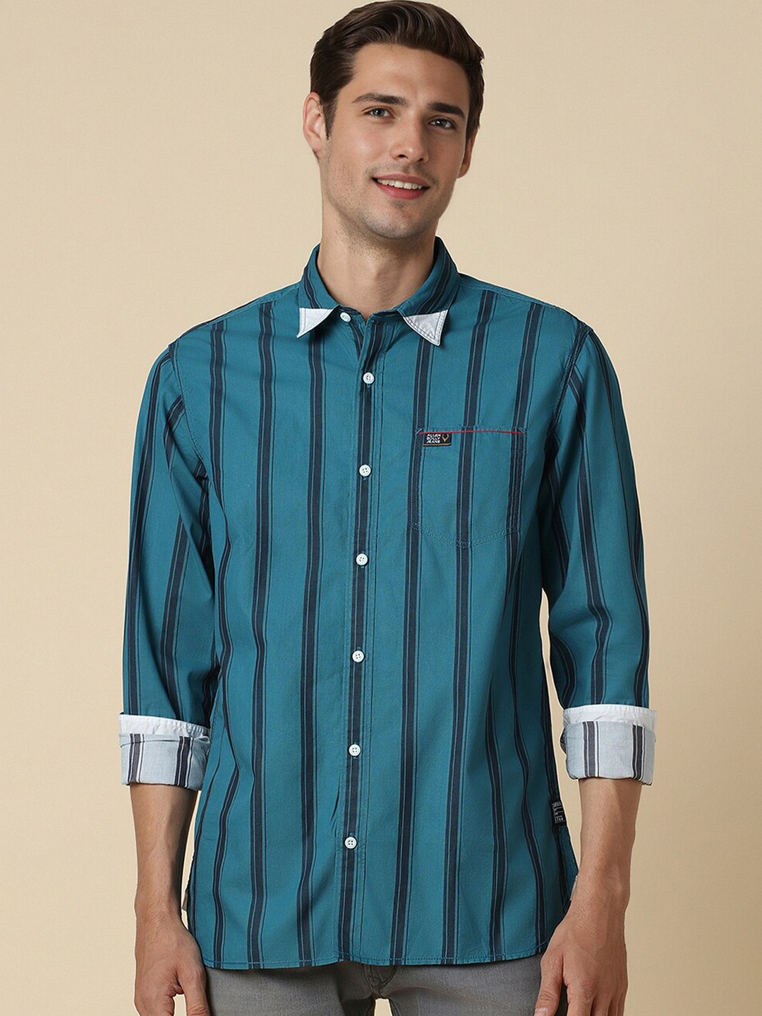 

Allen Solly Spread Collar Cotton Opaque Striped Casual Shirt, Blue