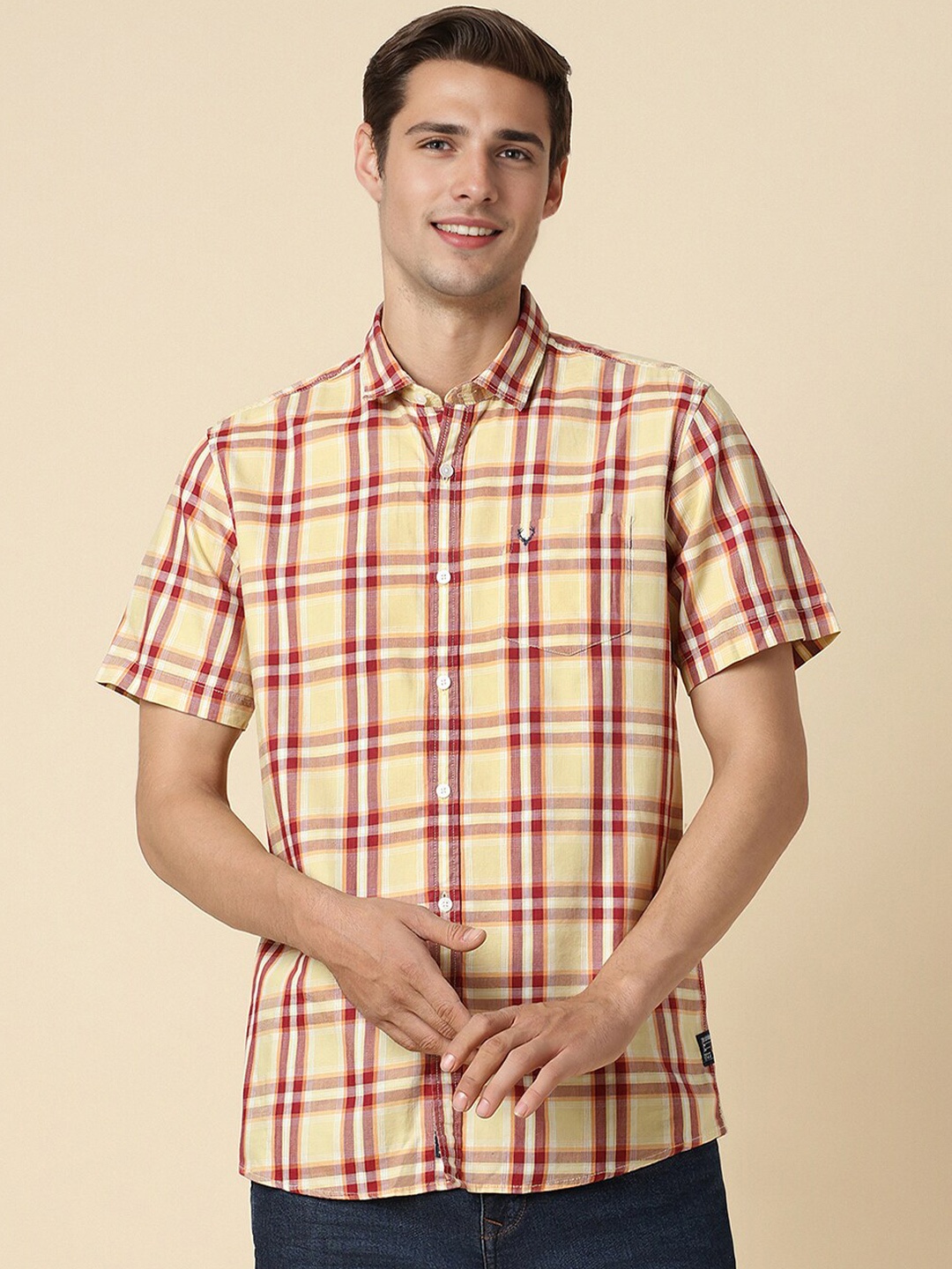 

Allen Solly Windowpane Checked Spread Collar Pure Cotton Casual Shirt, Yellow
