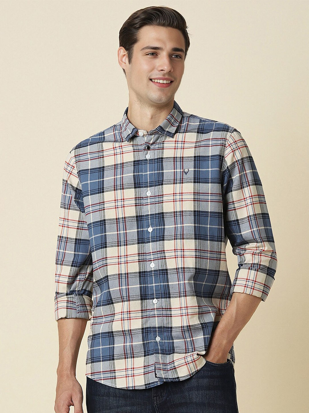 

Allen Solly Tartan Checked Spread Collar Pure Cotton Casual Shirt, Beige