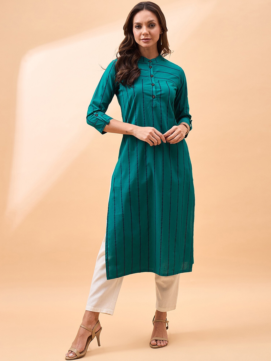 

all about you Striped Thread Work Mandarin Collar Roll-Up Sleeves Cotton Straight Kurta, Teal