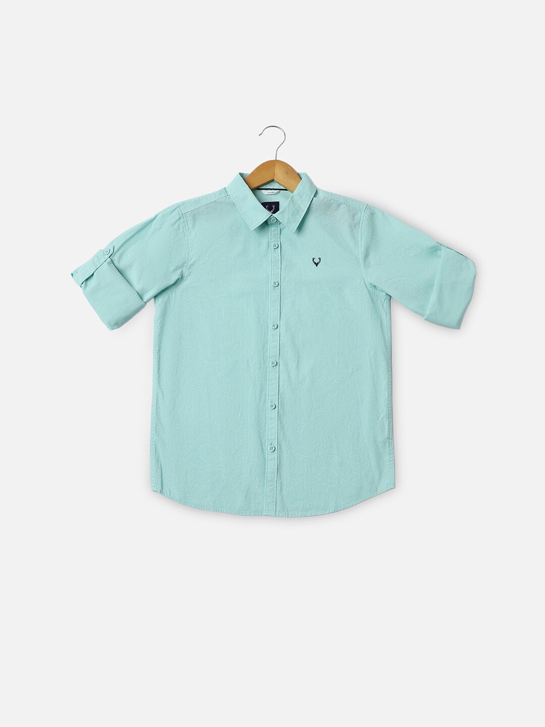

Allen Solly Junior Boys Slim Fit Spread Collar Long Roll Up Sleeves Cotton Casual Shirt, Green