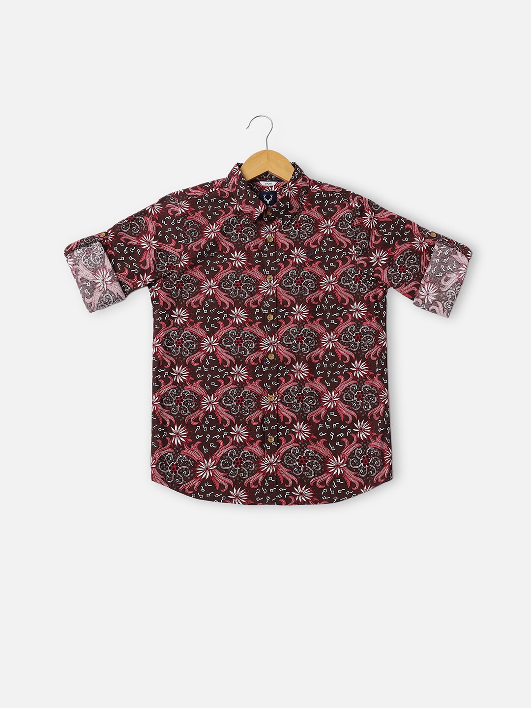 

Allen Solly Junior Boys Slim Fit Floral Printed Long Roll Up Sleeves Cotton Casual Shirt, Brown