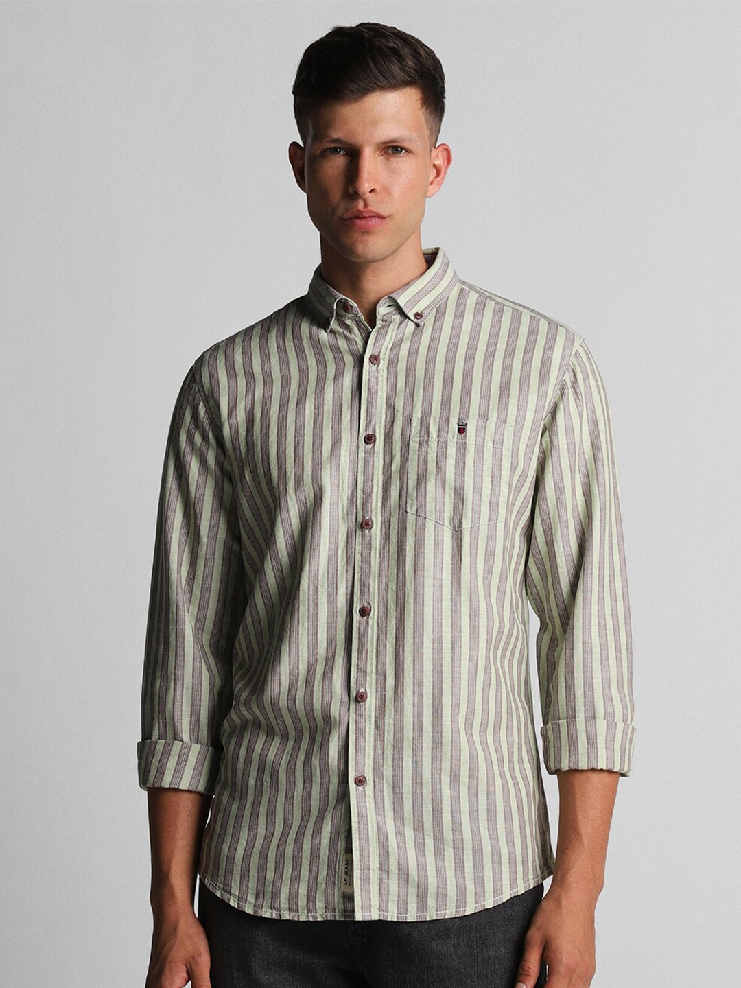 

Louis Philippe Jeans Button Down Slim Fit Opaque Striped Casual Shirt, Green