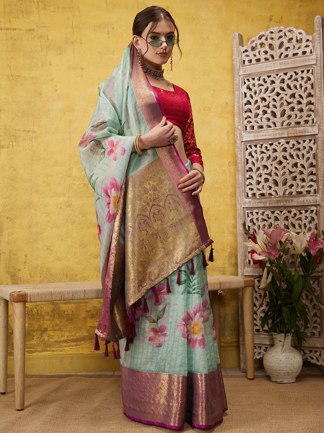 

Silk Land Floral Muga Silk Blend Digital Print Saree, Teal