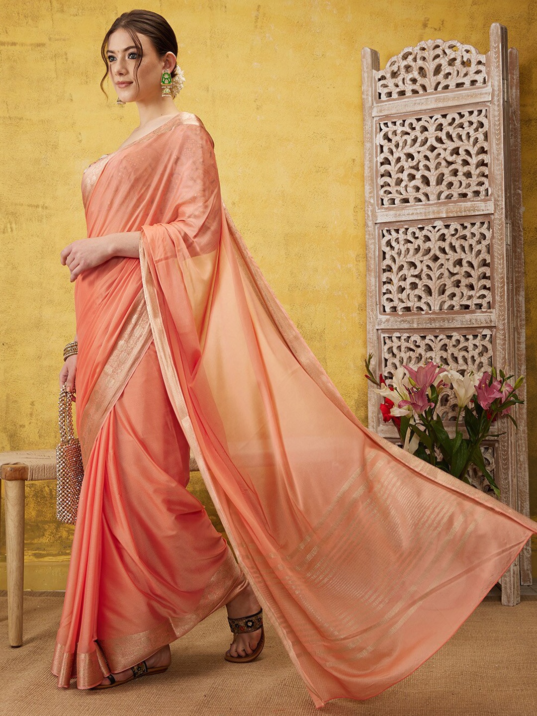 

Silk Land Zari Banarasi Saree, Peach