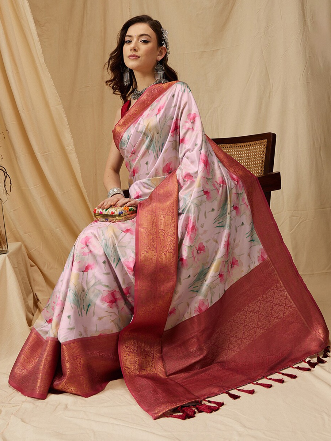 

Silk Land Floral Printed Zari Kanjeevaram Saree, Pink