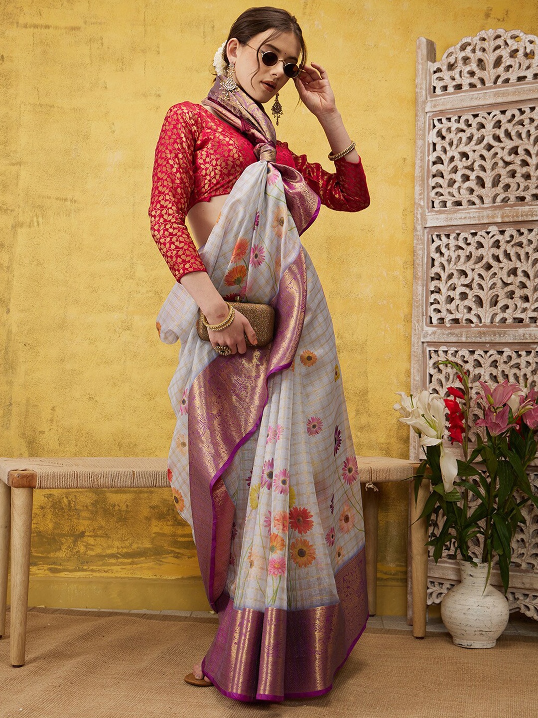 

Silk Land Floral Muga Silk Blend Digital Print Saree, Lavender