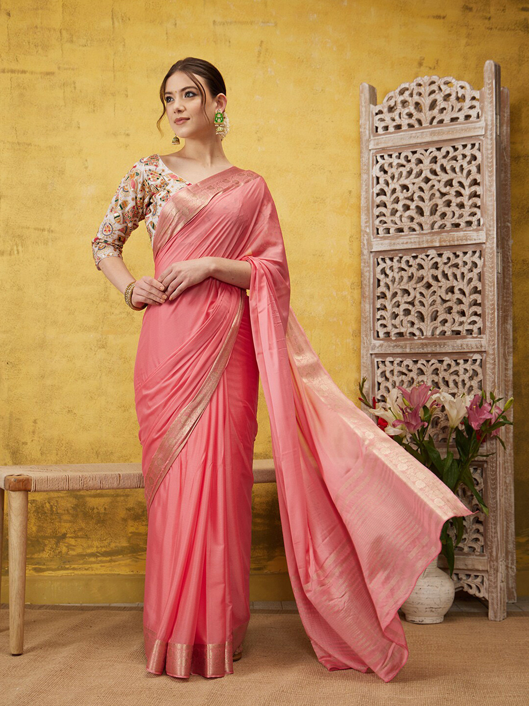 

Silk Land Zari Banarasi Saree, Pink