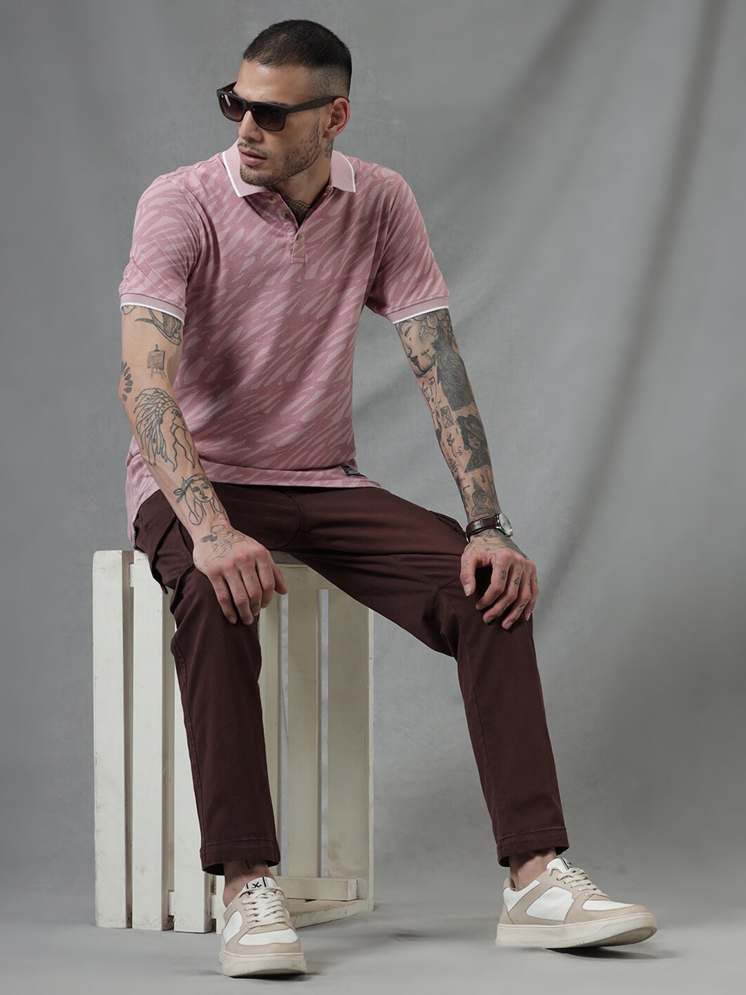 

WROGN Striped Polo Collar Short Sleeves Slim Fit T-shirt, Pink