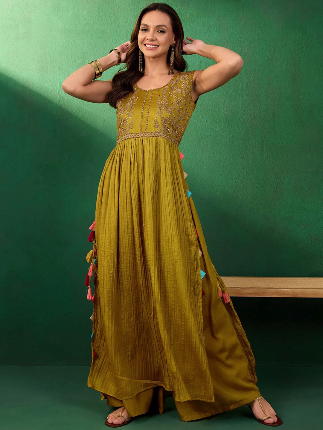 

Sangria Embroidered V-Neck Sleeveless Kurta & Palazzos, Mustard